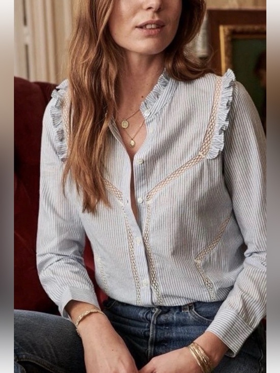 Sezane Tops - Cute $250 Sezane Blue White Stripe Lace Trim Ruffle Collar Shoulders Button Down